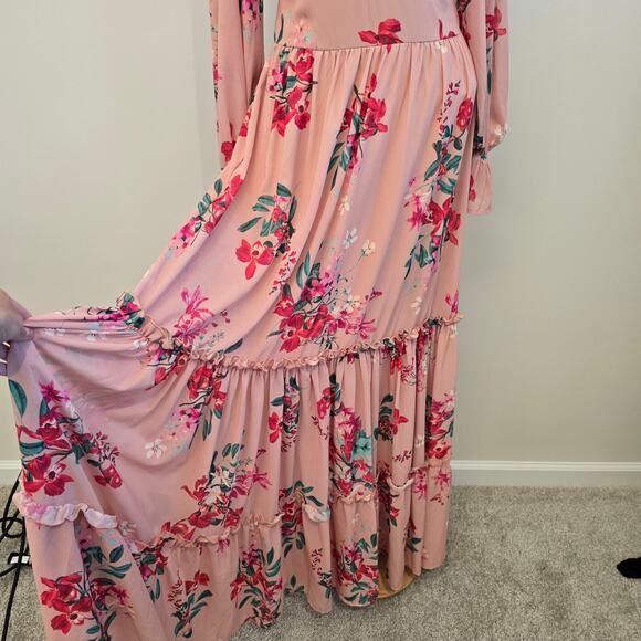 VICI Pink Floral Print Long Sleeve Ruffle & backless Maxi Dress Sz Medium - Picture 7 of 14